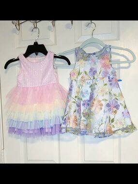 Pastel Pink Rainbow Tulle Party Dress & Floral Embroidered 2T Dress Set.